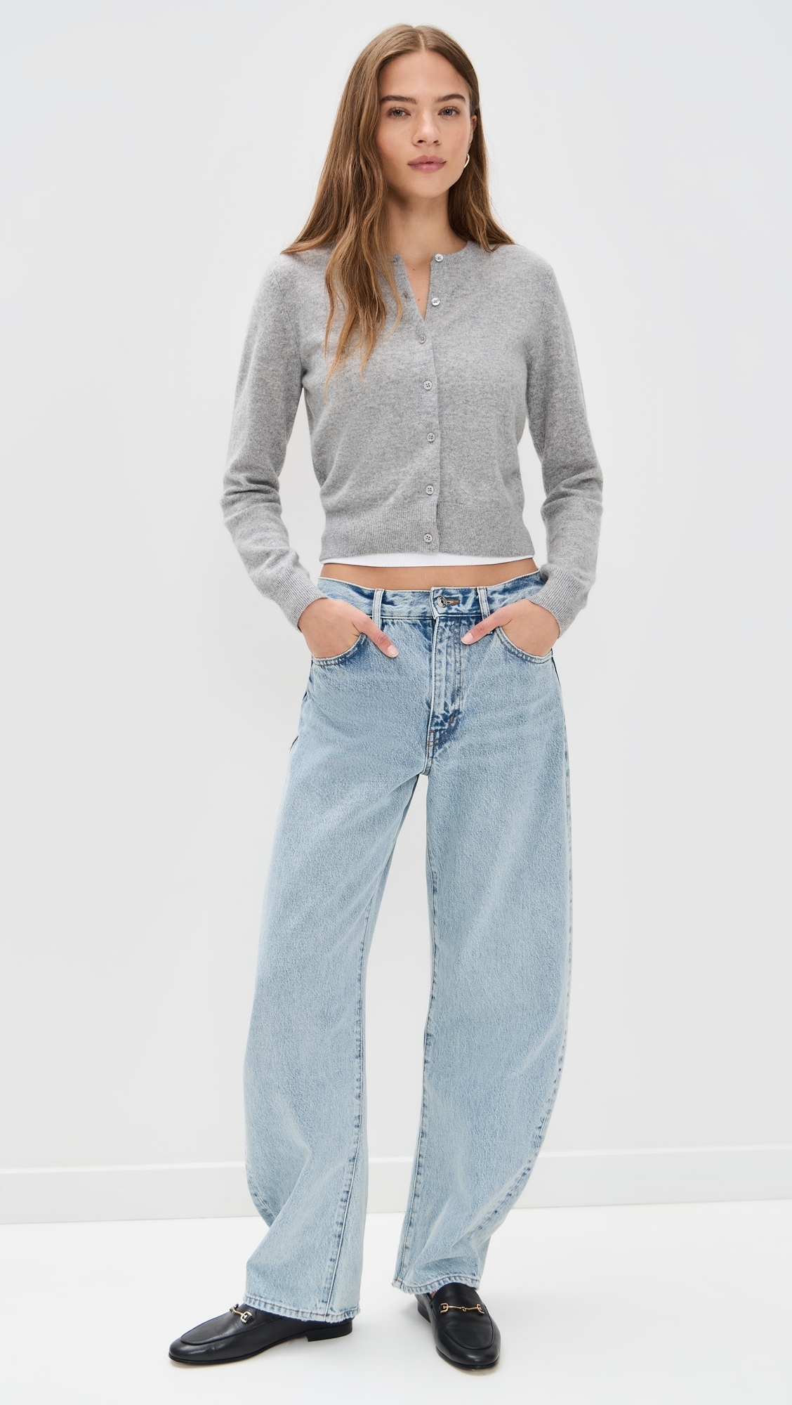 Cashmere Crew Neck Cardigan Grey Heather