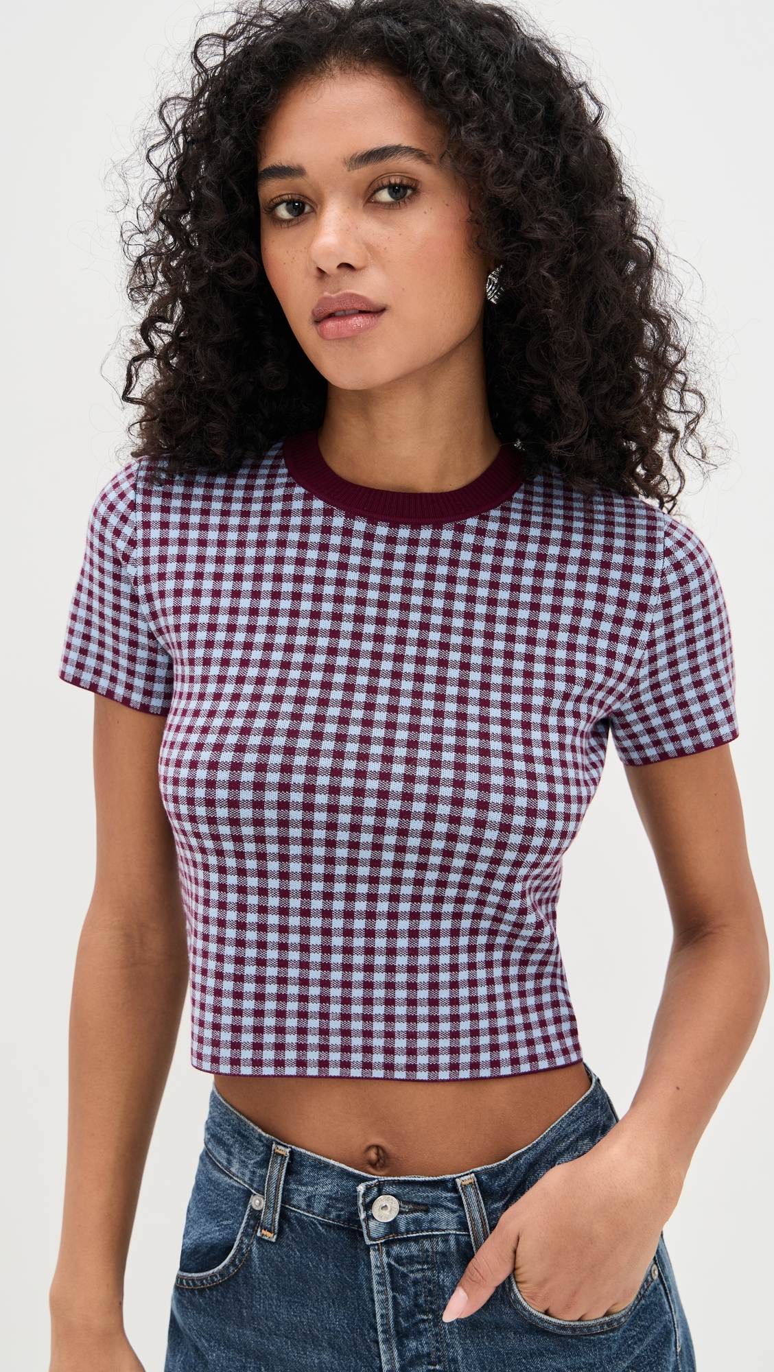 Gingham Knit Tee Burgundy/Light Blue