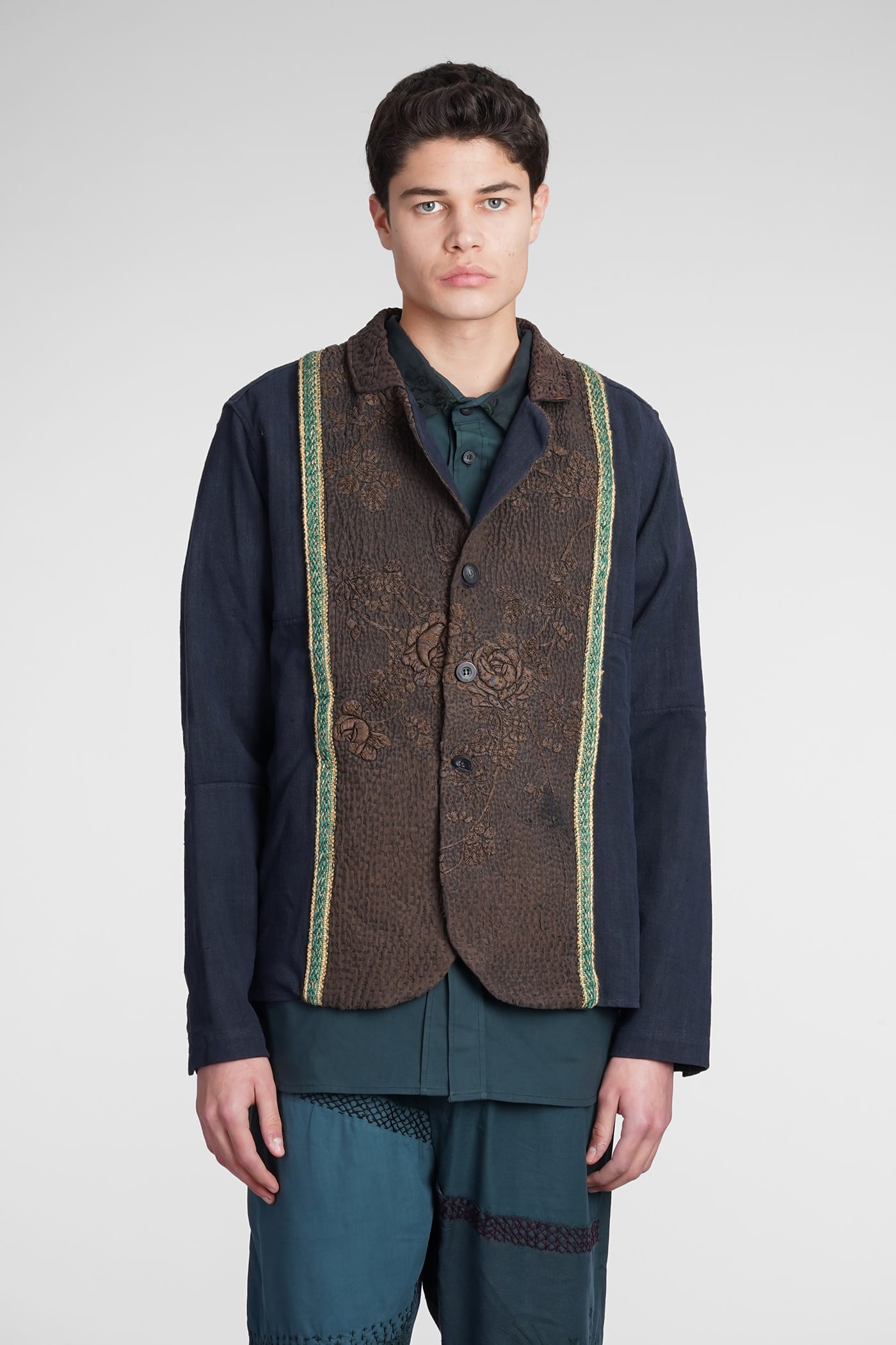 Floral-embroidered blazer - Blue