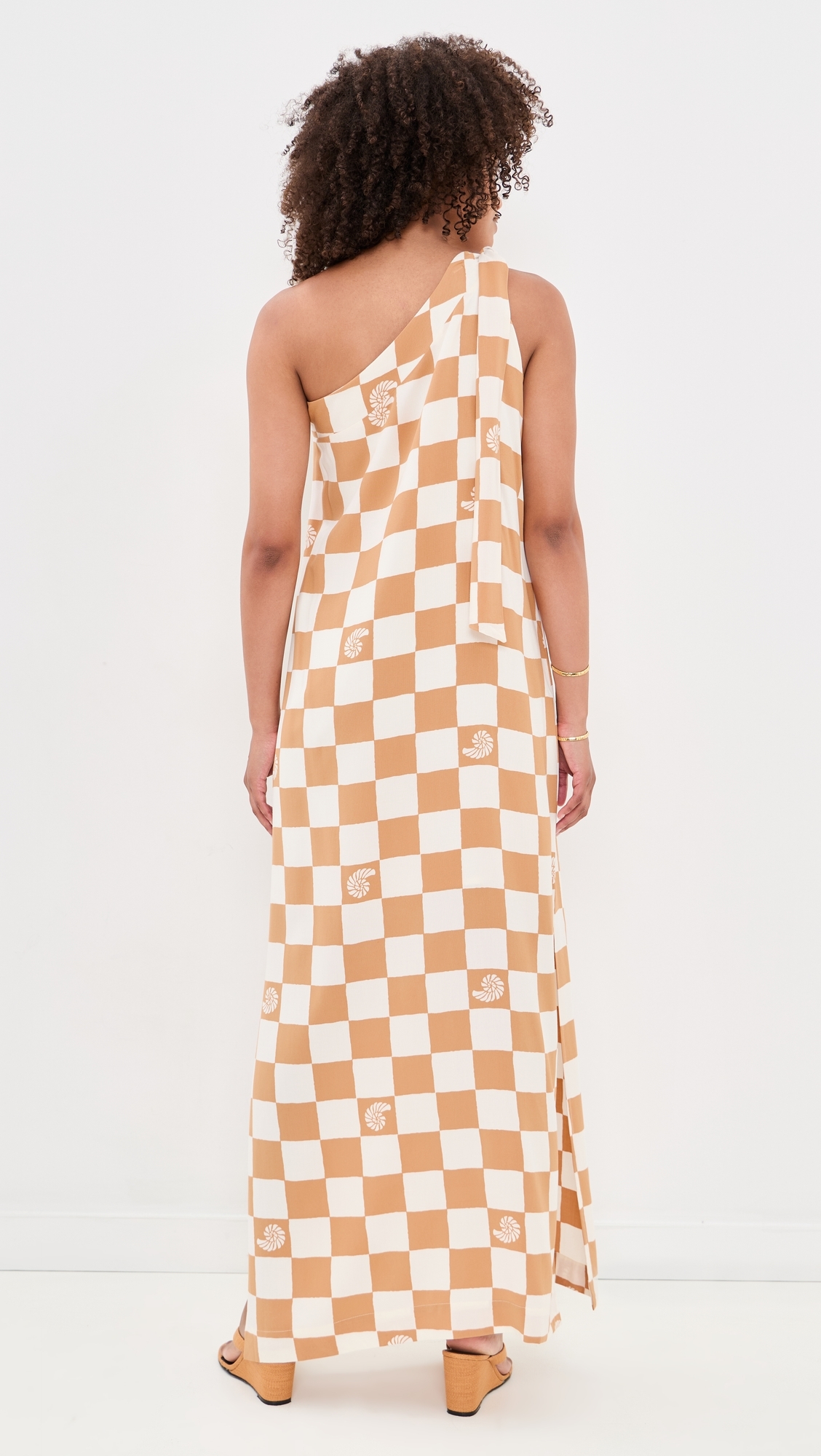 Beige Shell Plaid One shoulder Maxi Dress Beige Shell Plaid