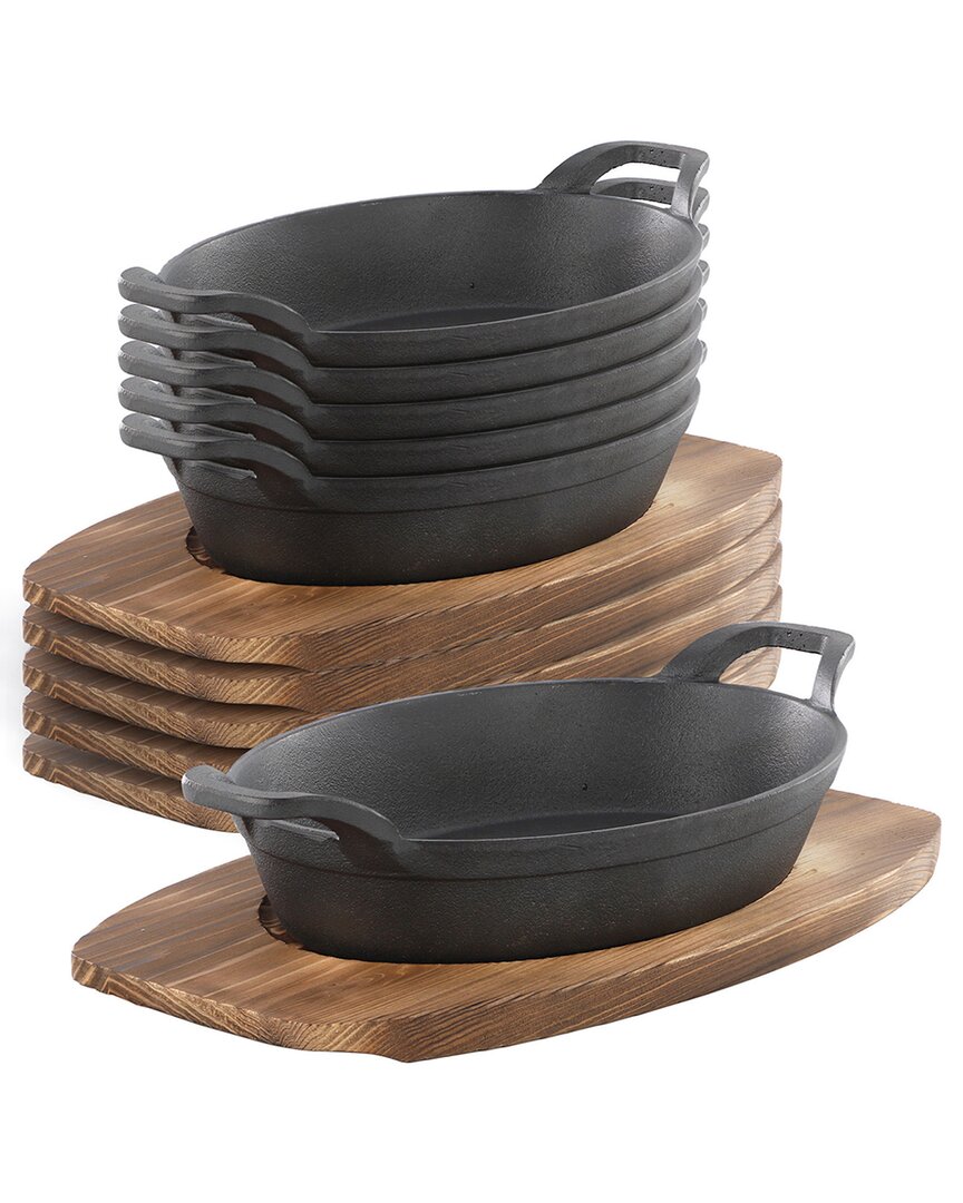 6pc Mini Cast Iron Oval Pan with Wood Trivet Set