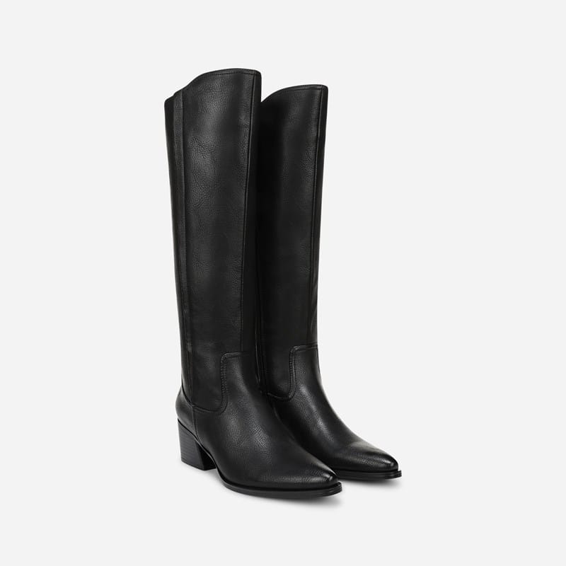 Golden Wide Calf Knee High Boots, Black Faux Leather