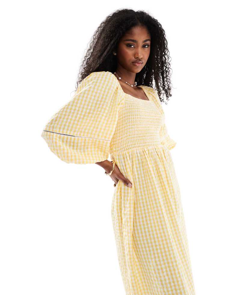 Accessorize Womens puff sleeve gingham maxi beach dress in orange