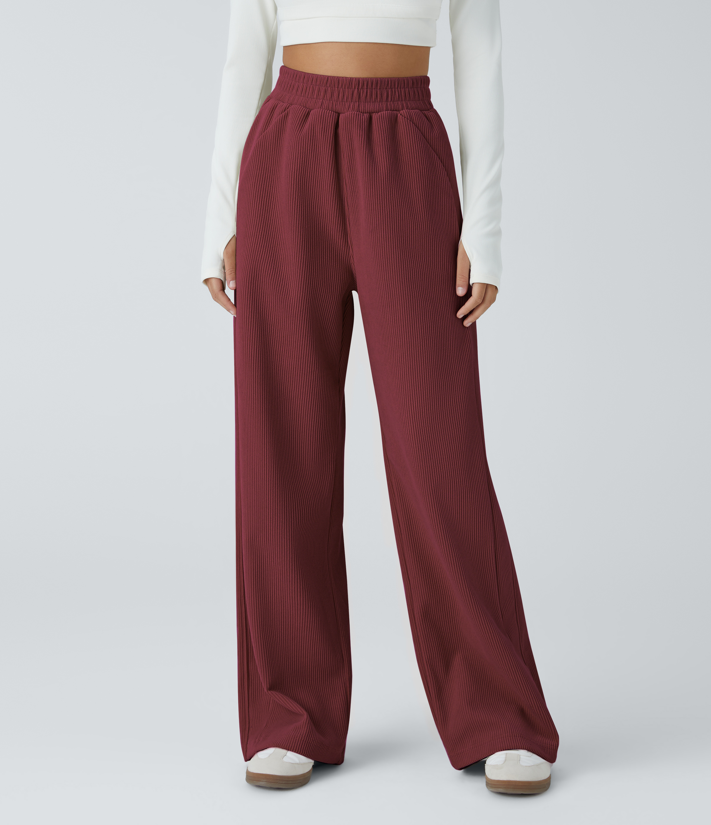 High Waisted Pocket Straight Leg Mop Corduroy Casual Pants  - Burnt Russet