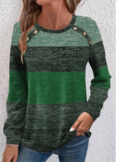 Modlily Dark Camel Button Striped Long Sleeve T Shirt