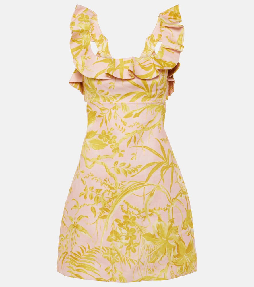 Golden Ruffle floral linen minidress