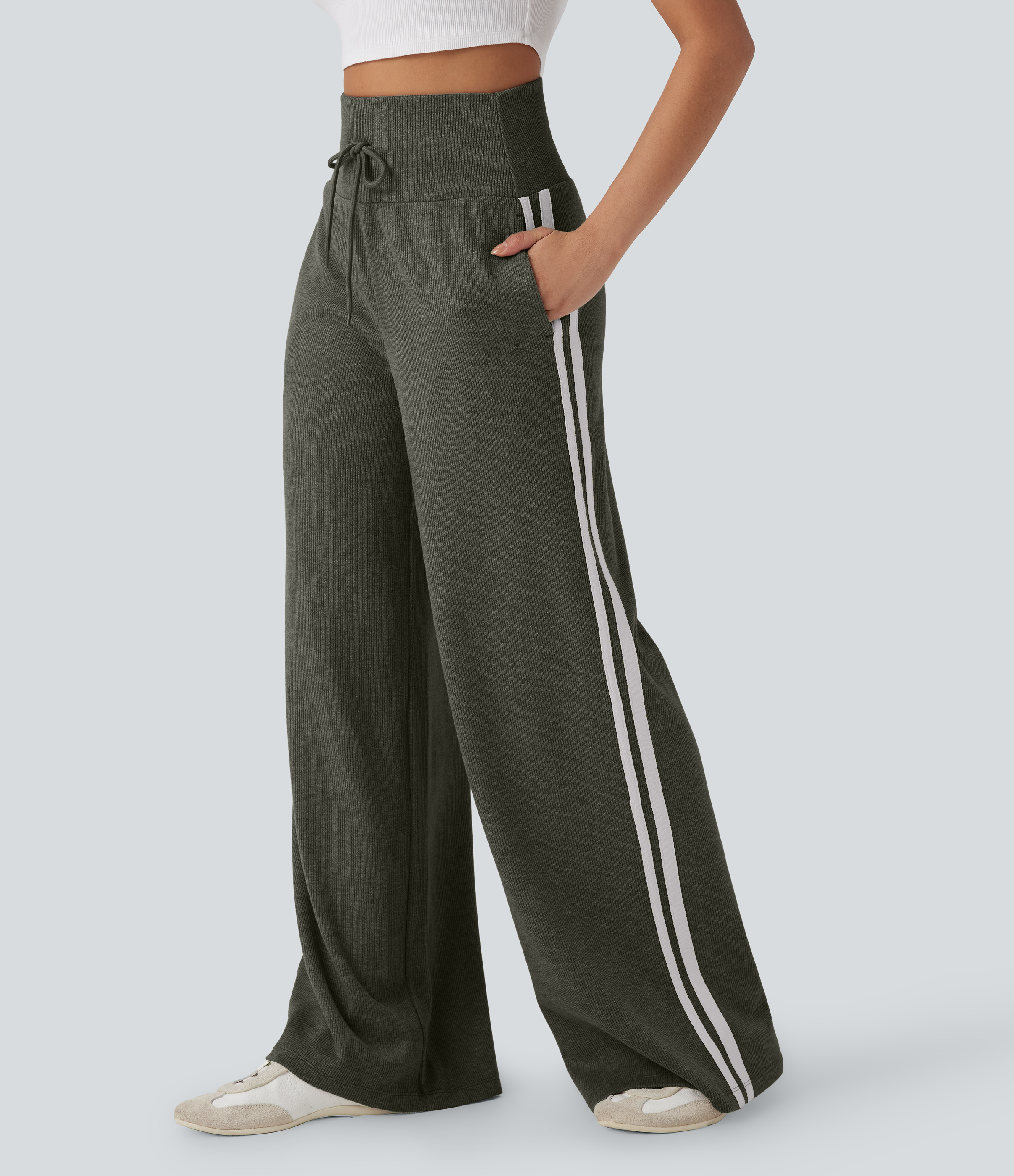 Halara Ribbed High Waisted Tummy Control Drawstring Wide Leg Color Block Casual Pants with Pockets - Forest Night - XLpetite
