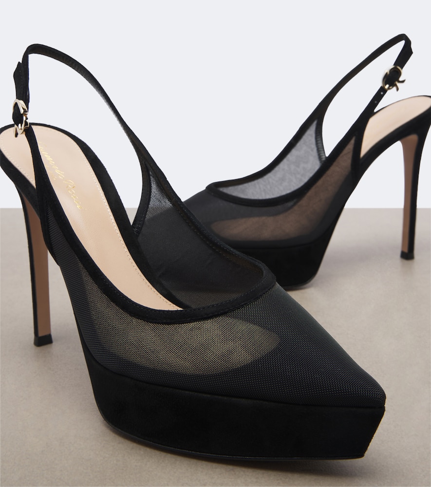 Suede-trimmed mesh platform slingback pumps