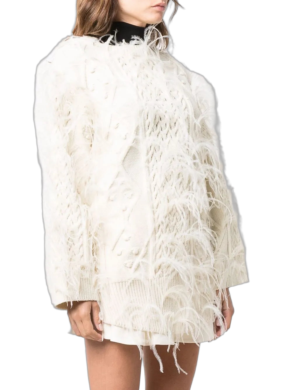 Feather-Embellished Virgin Wool Sweater — White