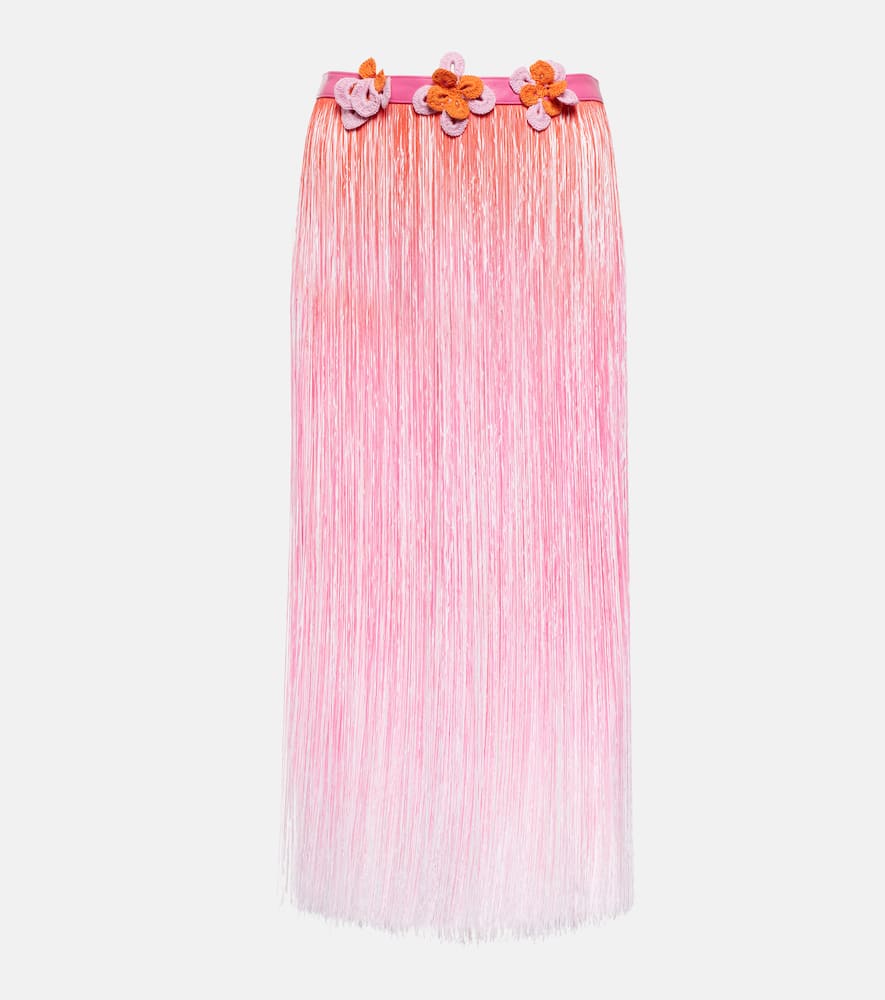 Ombré leather-trimmed tassel midi skirt