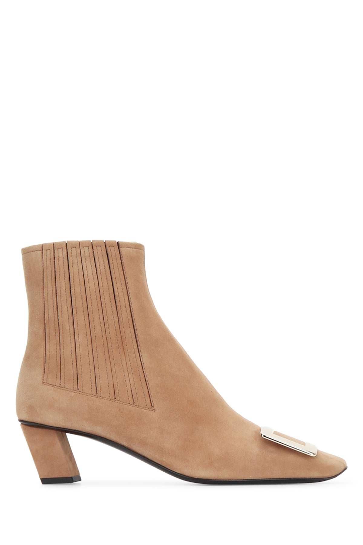 Metal-Trim Chelsea Suede Boot — Beige