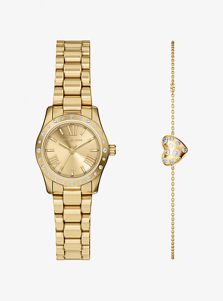 Petite Lexington Pavé Gold Watch and Heart Bracelet Gift Set
