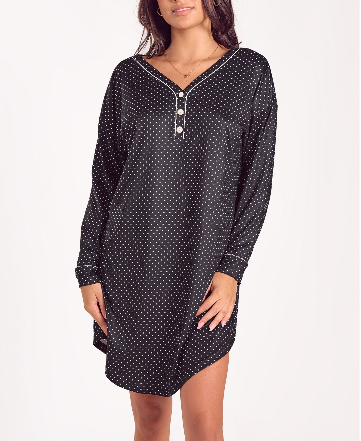 Women's Brushed Micro Stretch Knit Long-Sleeve Sleep Shirt - Black