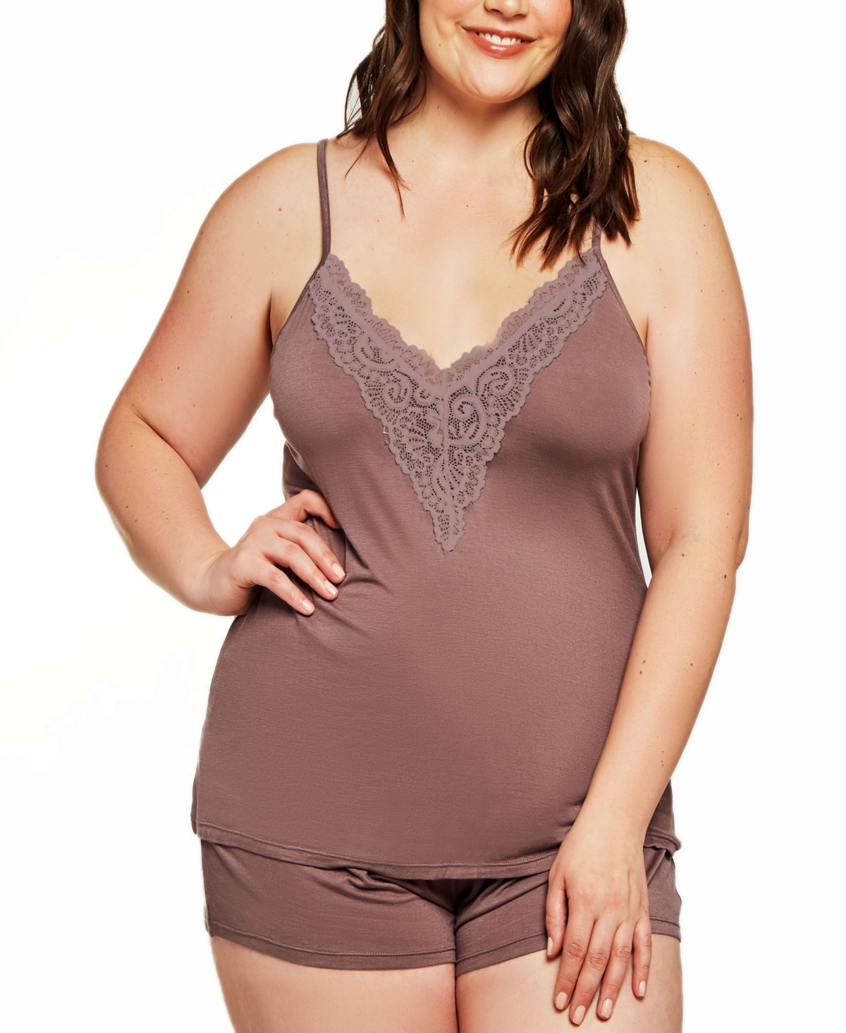 Women's Zennie Modal and Lace Plus Size 2-Pieces Cami and Short Set - Cappucino