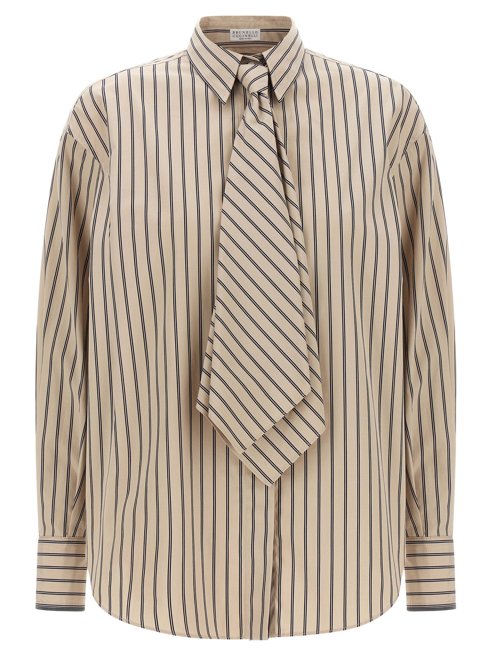 Striped Cotton with Integrated Tie Shirt — Beige