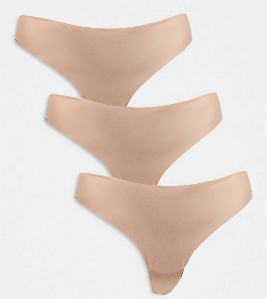 ASOS DESIGN Curve 3 pack no vpl thong in beige-Neutral