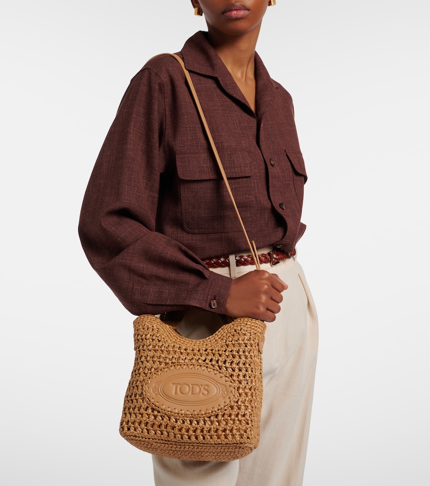 Logo leather-trimmed raffia tote bag