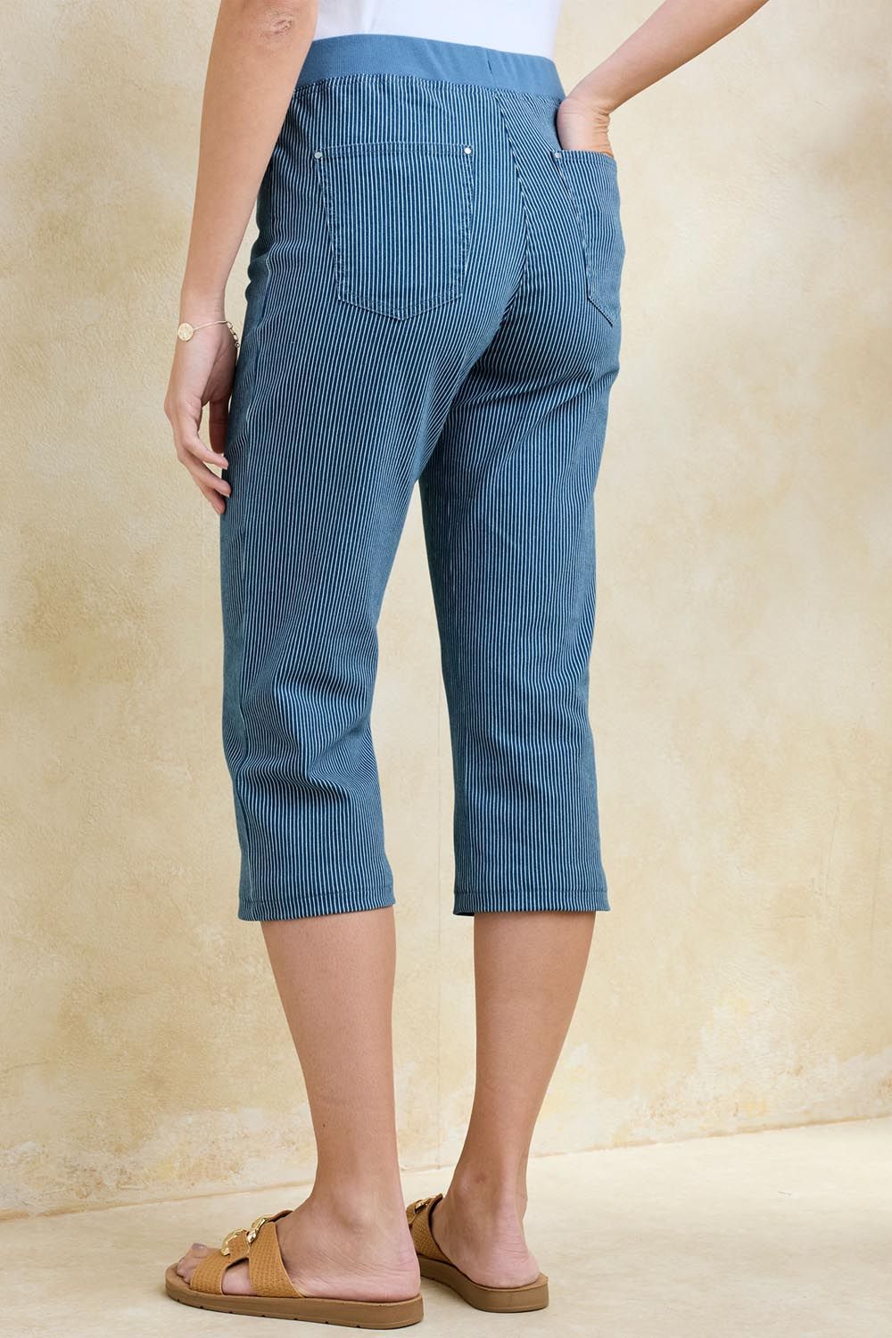 Cotton Traders Women's Premium Pull On Rib Waist Stripe Cropped Denim Jeans in Mid Blue