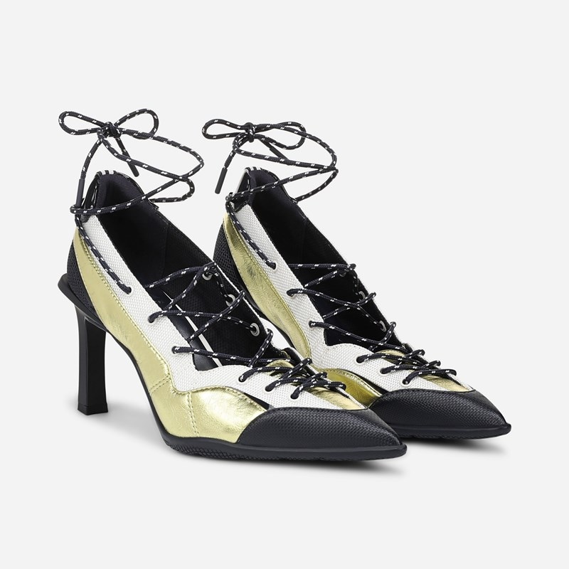 Zyra Lace Up Dress Pump Shoes, White Mesh / Limelight Leather Fabric