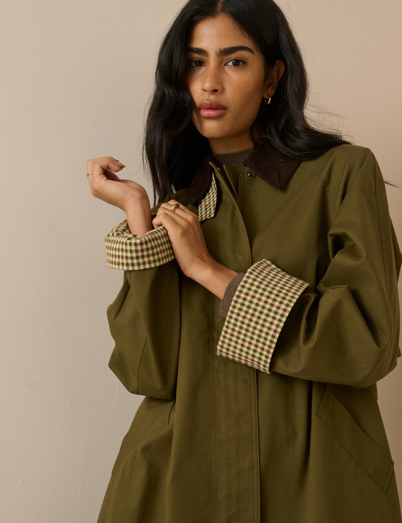 Khaki Cord Detail Long Oversized Barn Coat