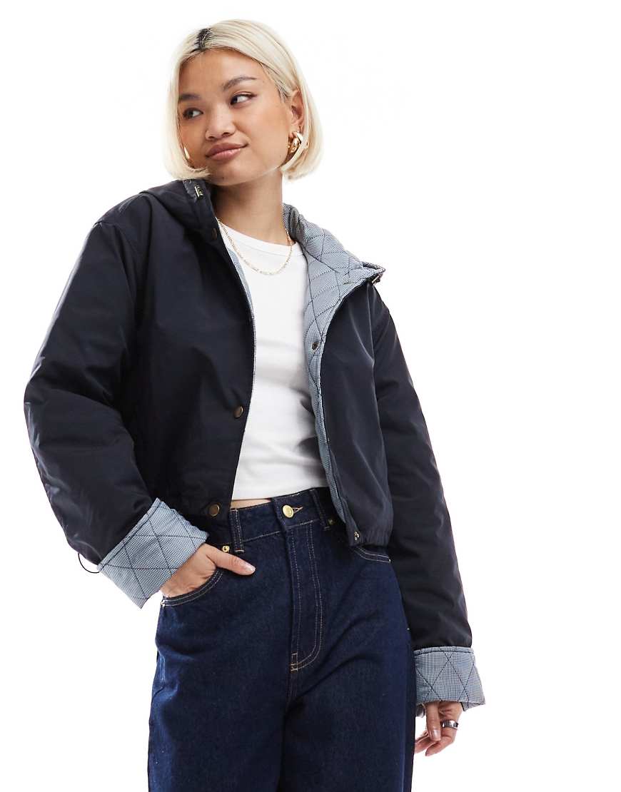 Hooded cropped jacket with gingham lining in navy-Neutral