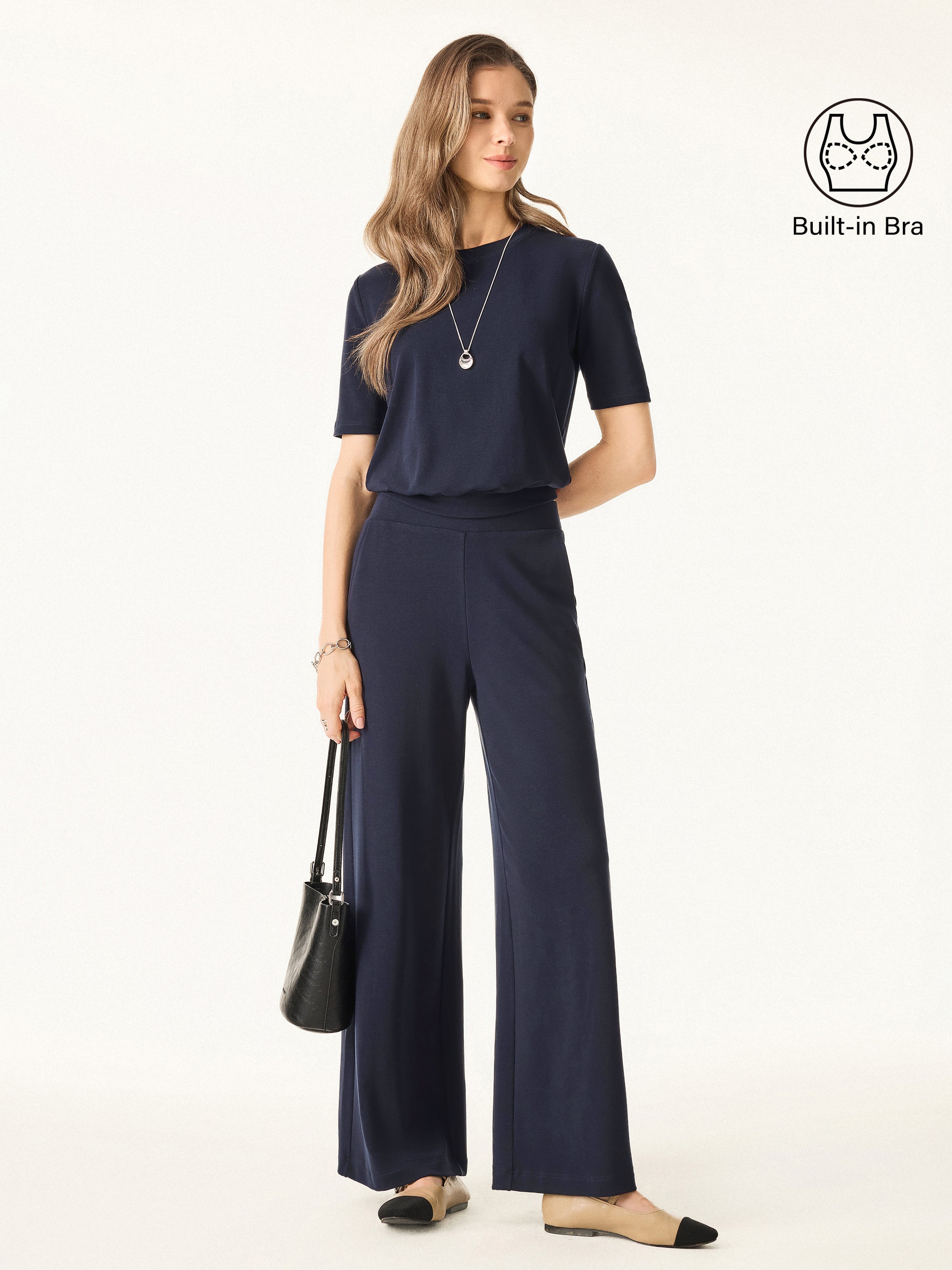2Pcs Set Petite Mid Rise Wide Leg Pants with Pockets & Crewneck Brami with Banded Hem - Smoky Navy / XS