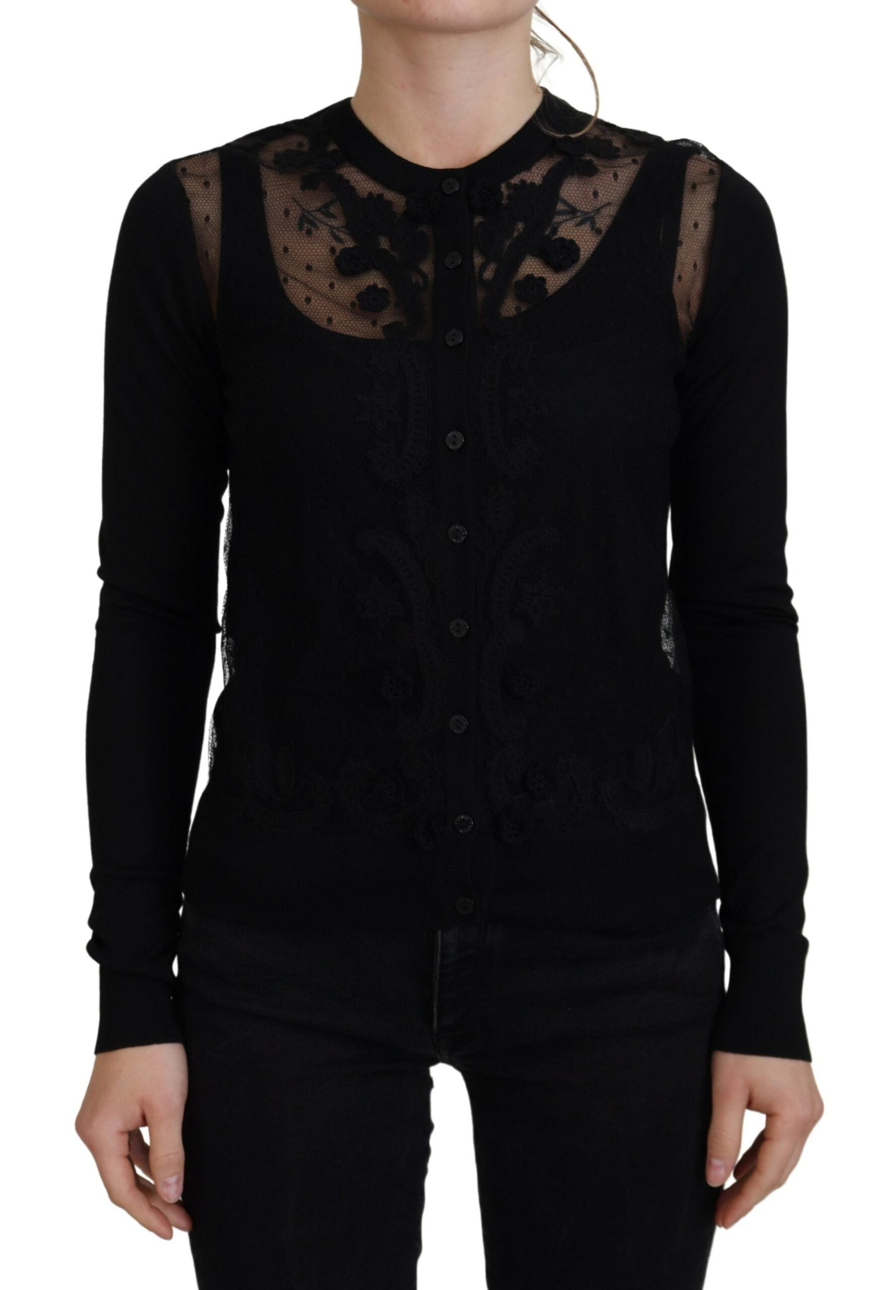 Floral Lace Silk Cardigan — Black