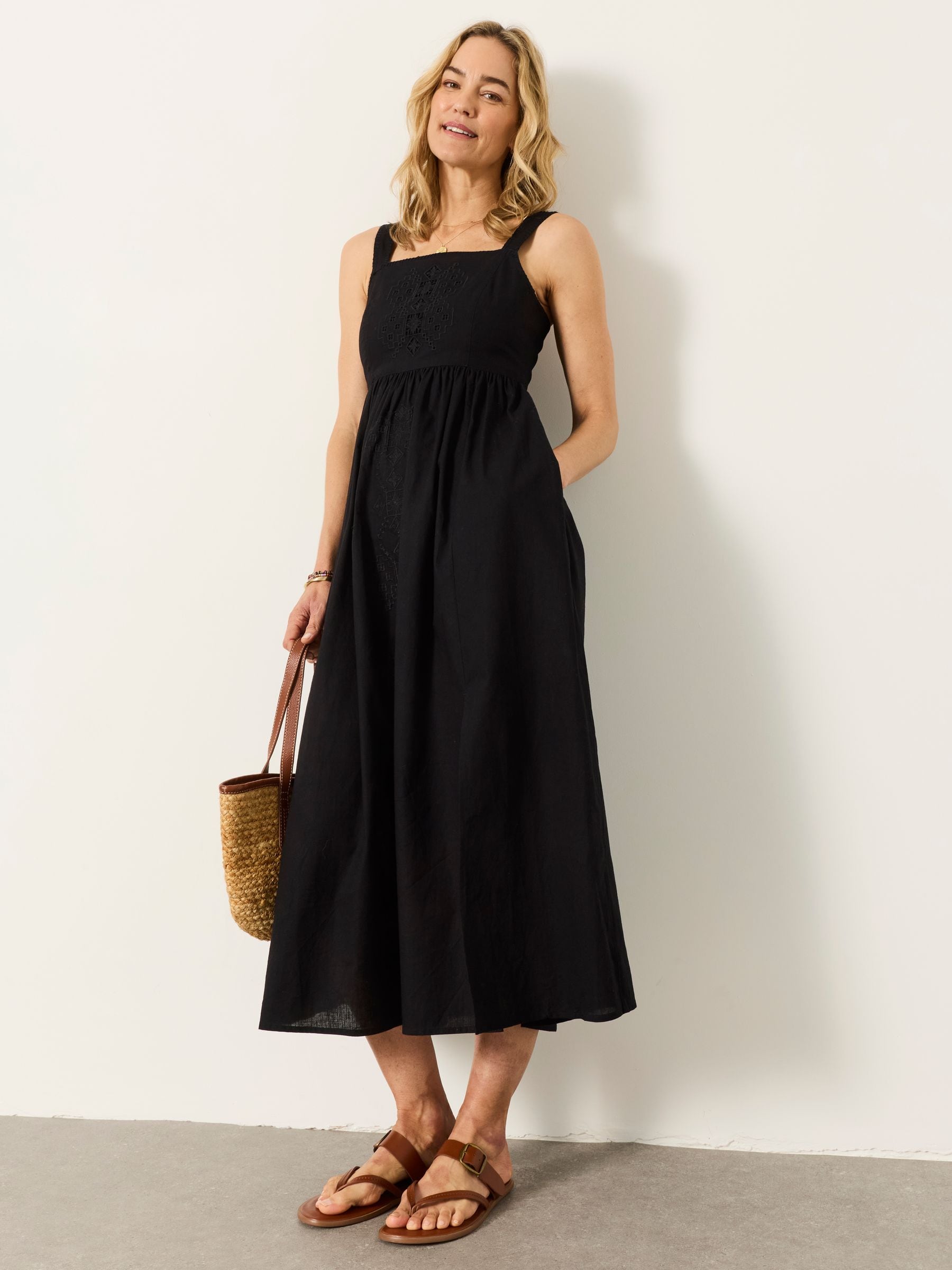 FatFace Black Regular Gili Embroidered Midi Dress