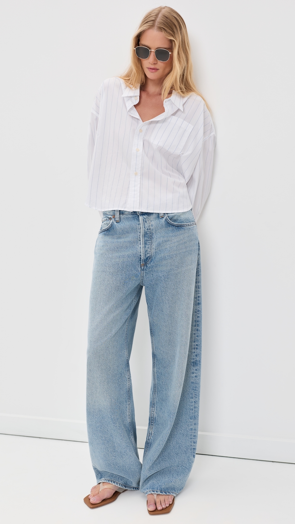 Bailey Cropped Button Down Shirt Light Blue Wide Pinstripe