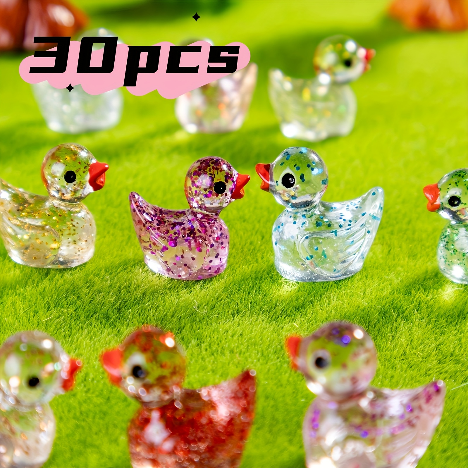 TEMU 30pcs/100pcs Mini Resin Duck Figurines - Sparkling Farmhouse Style Animal-themed Garden Miniatures, Diy, Bonsai, Dollhouses, Aquarium Decor