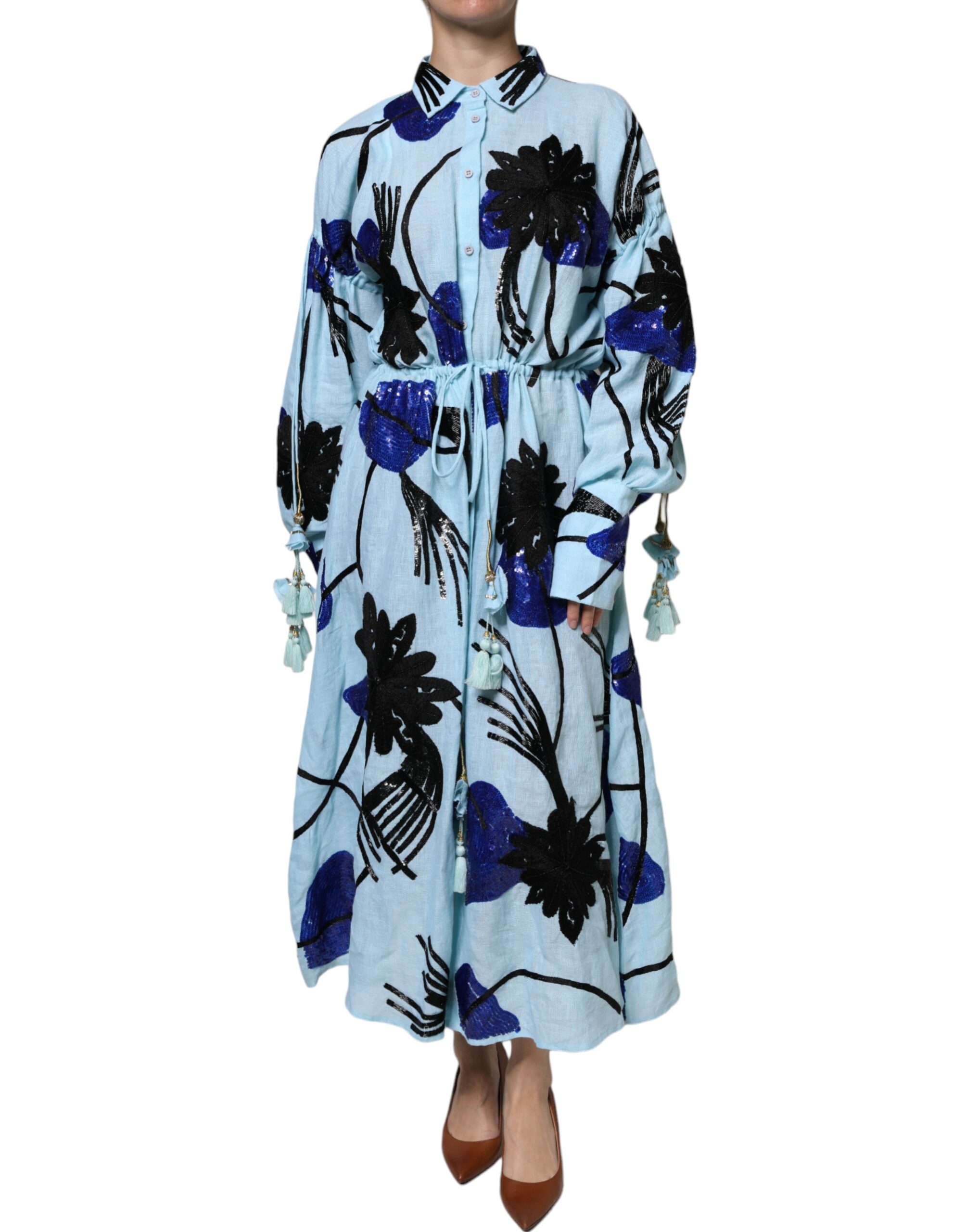 Christian Pellizzari Light Blue Floral Embellished Shirt Maxi Women's Dre