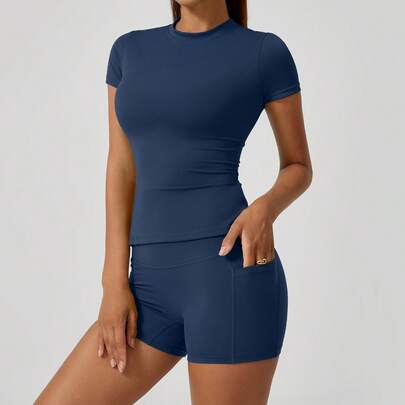 1 Set Solid Color Women's Casual Sports Fitness Sweet Short Sleeve Top And Booty Shorts Set Comfortable Activewear For Fitness Gym Running And Outdoor