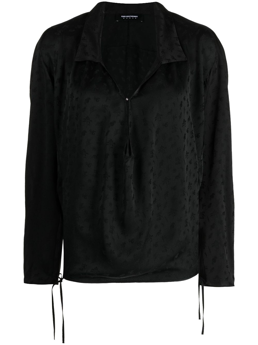 Floral-print V-neck drawstring blouse - Black