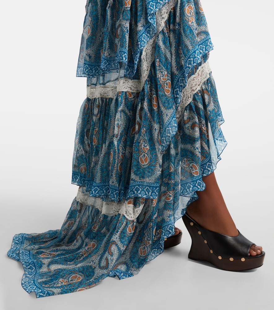 Paisley lace-trimmed ruffled silk maxi dress