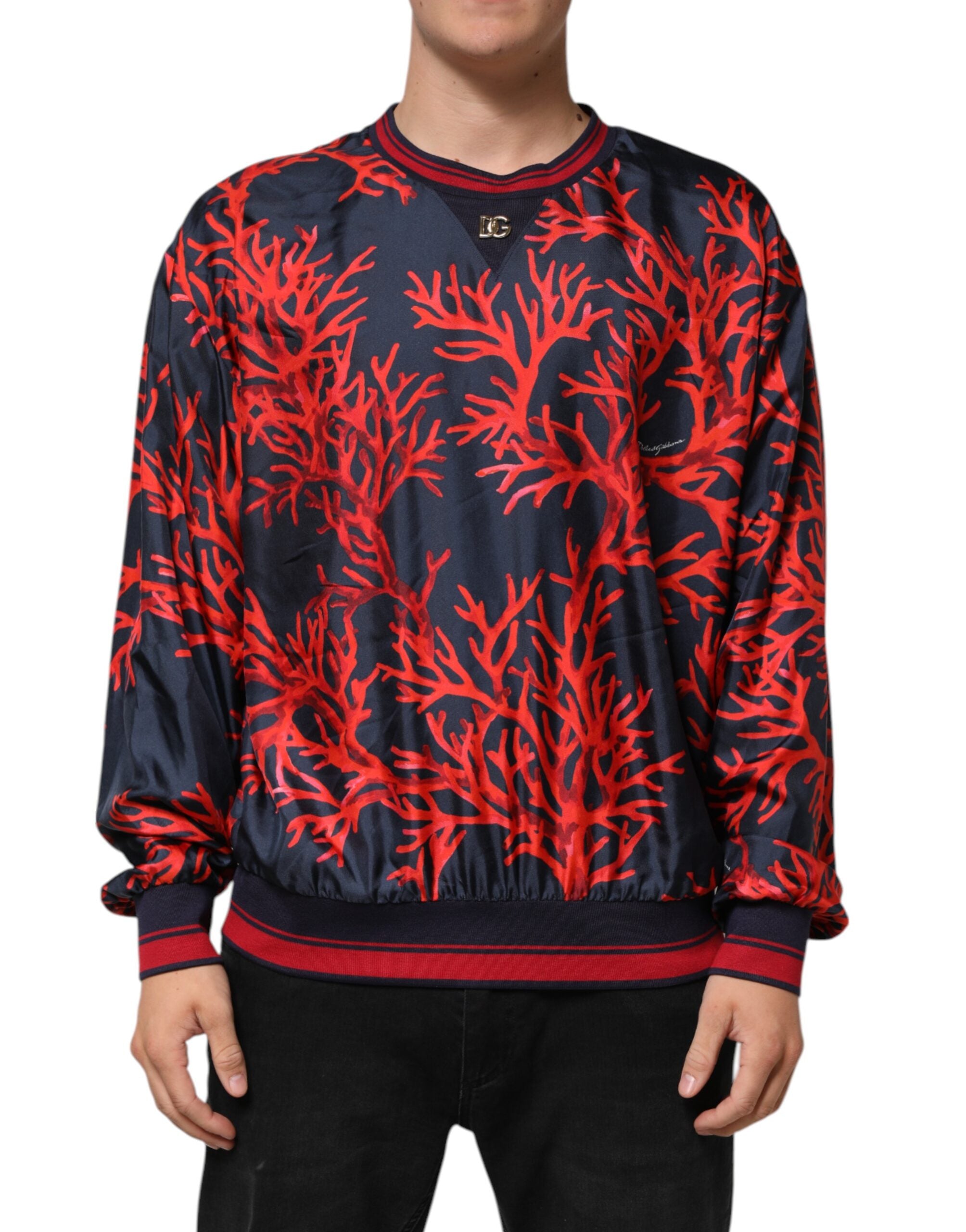 Coral Print Silk Sweatshirt — Navy