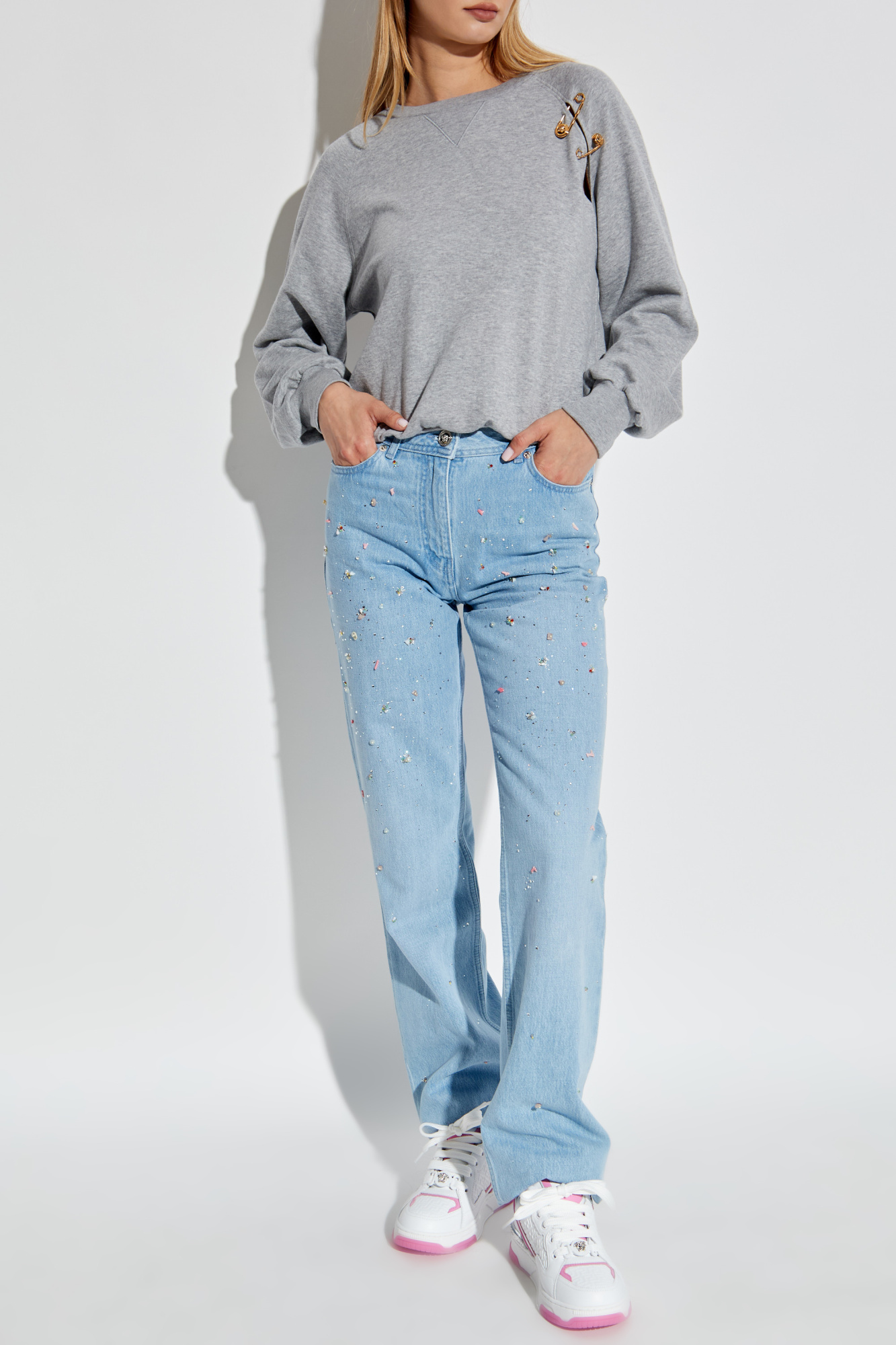 Sweatshirt With Decorative Safety Pins, Women's, Grey