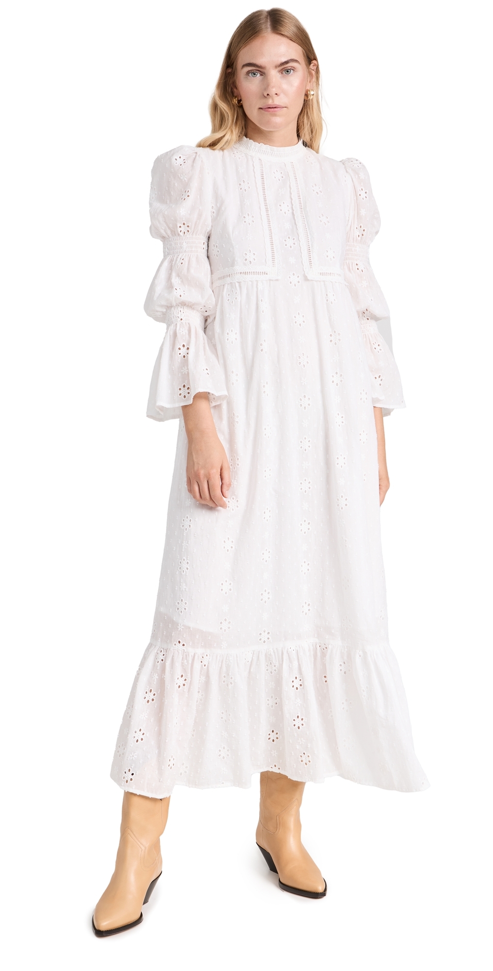 Embroidered Swiss Dot Maxi Dress White 