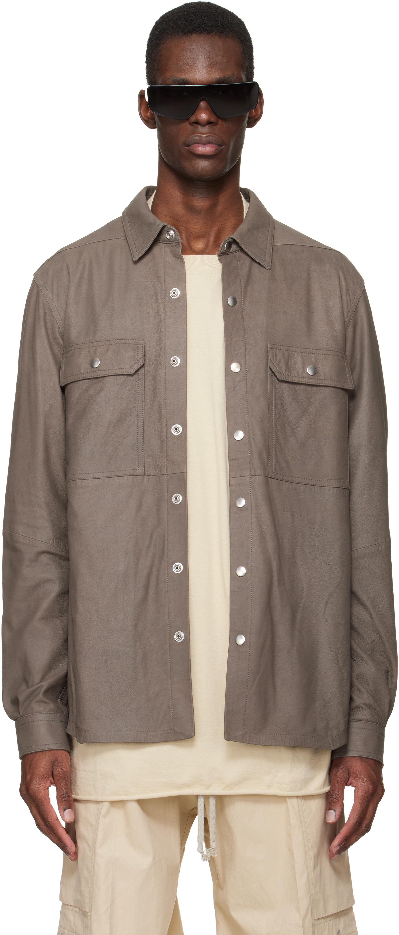 Gray Temple Feather Nappa Leather Outer Shirt