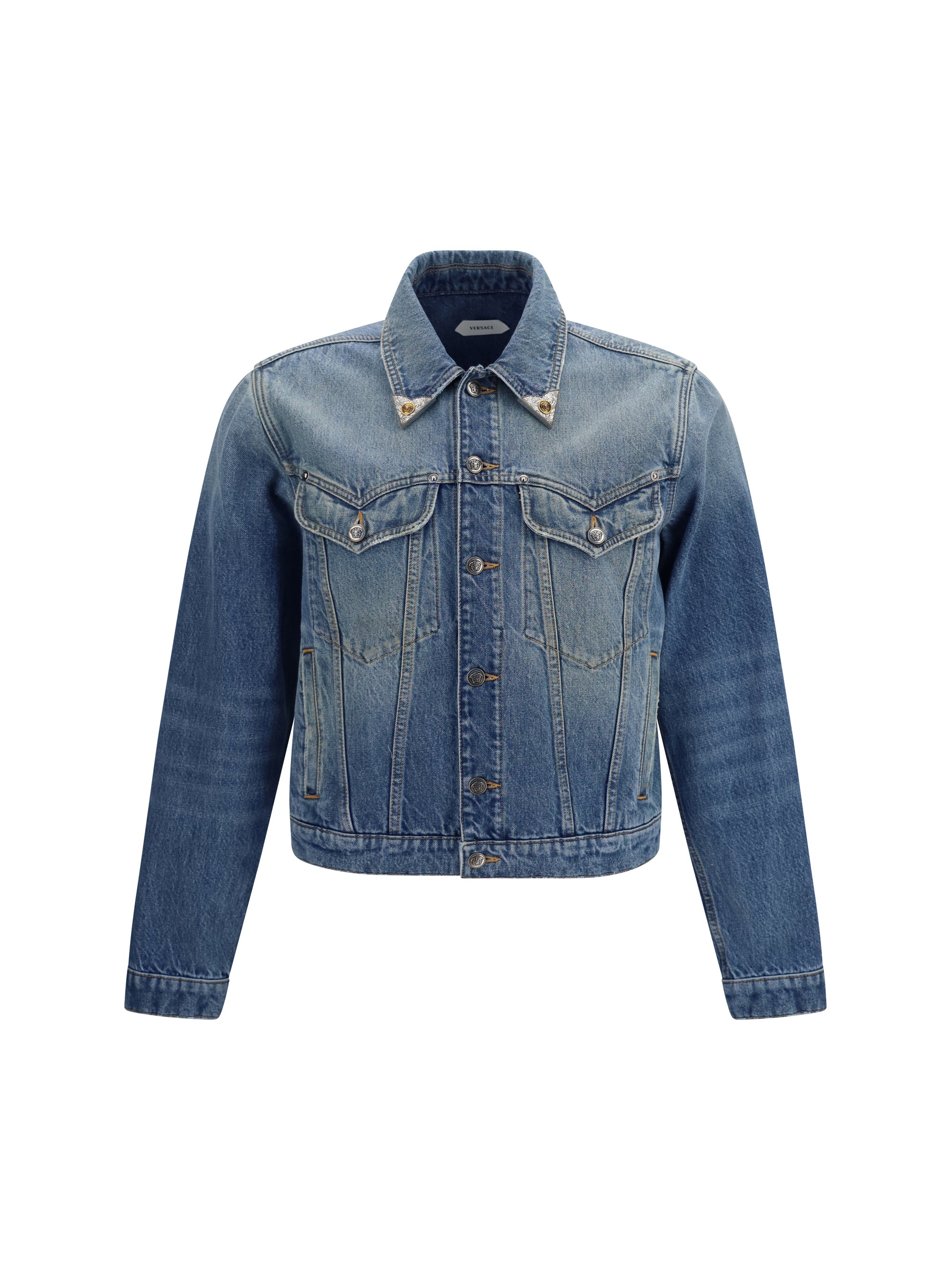 Stonewashed Denim with Medusa-Logo Collar Tips Jacket — Blue