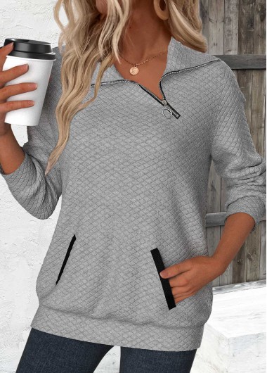 Modlily Grey Jacquard Long Sleeve Asymmetrical Neck Sweatshirt