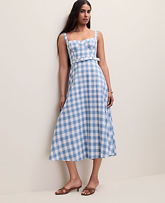 Ann Taylor Gingham Belted Midi Dress in Linen Blend