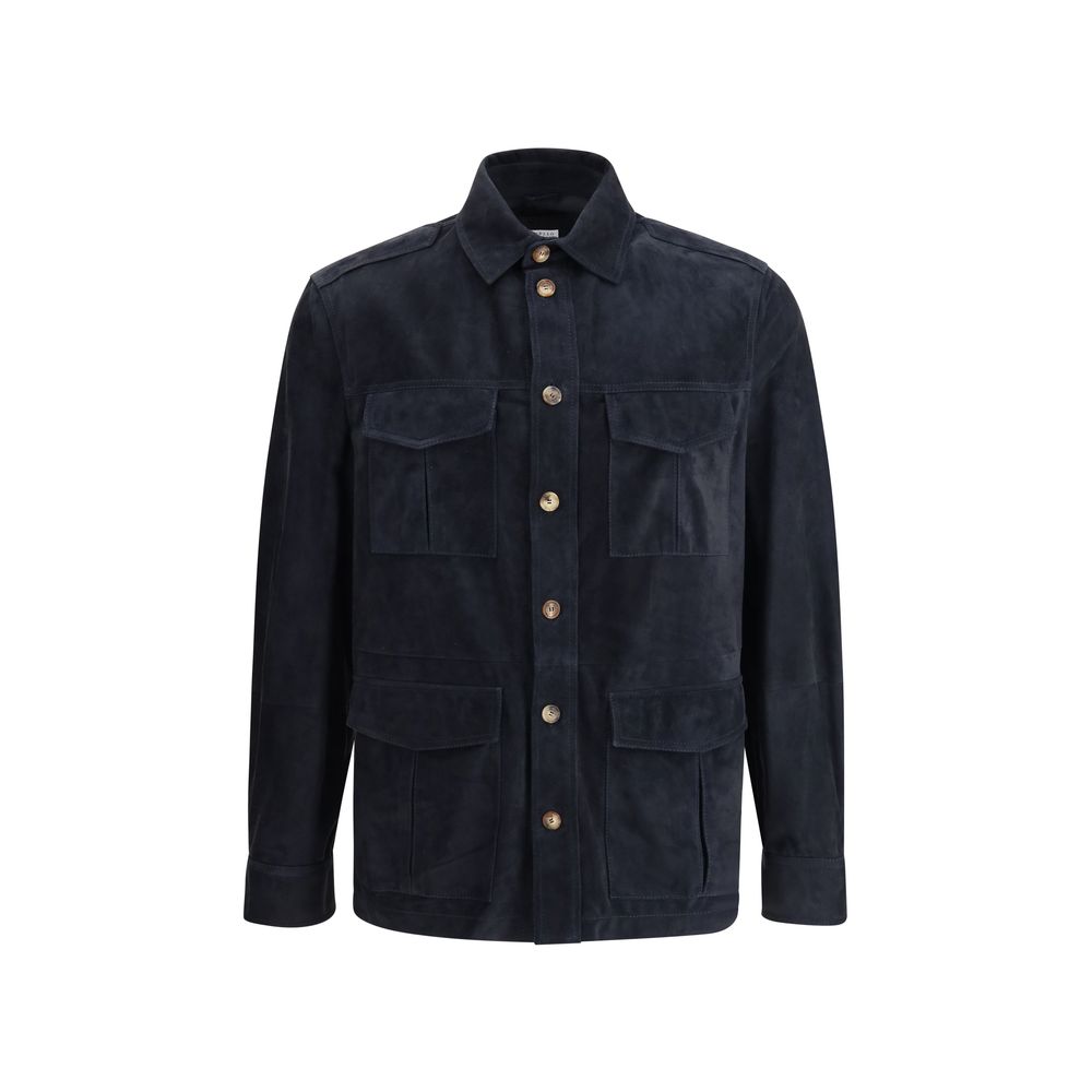 Suede Leather Shirt Jacket Jacket — Navy