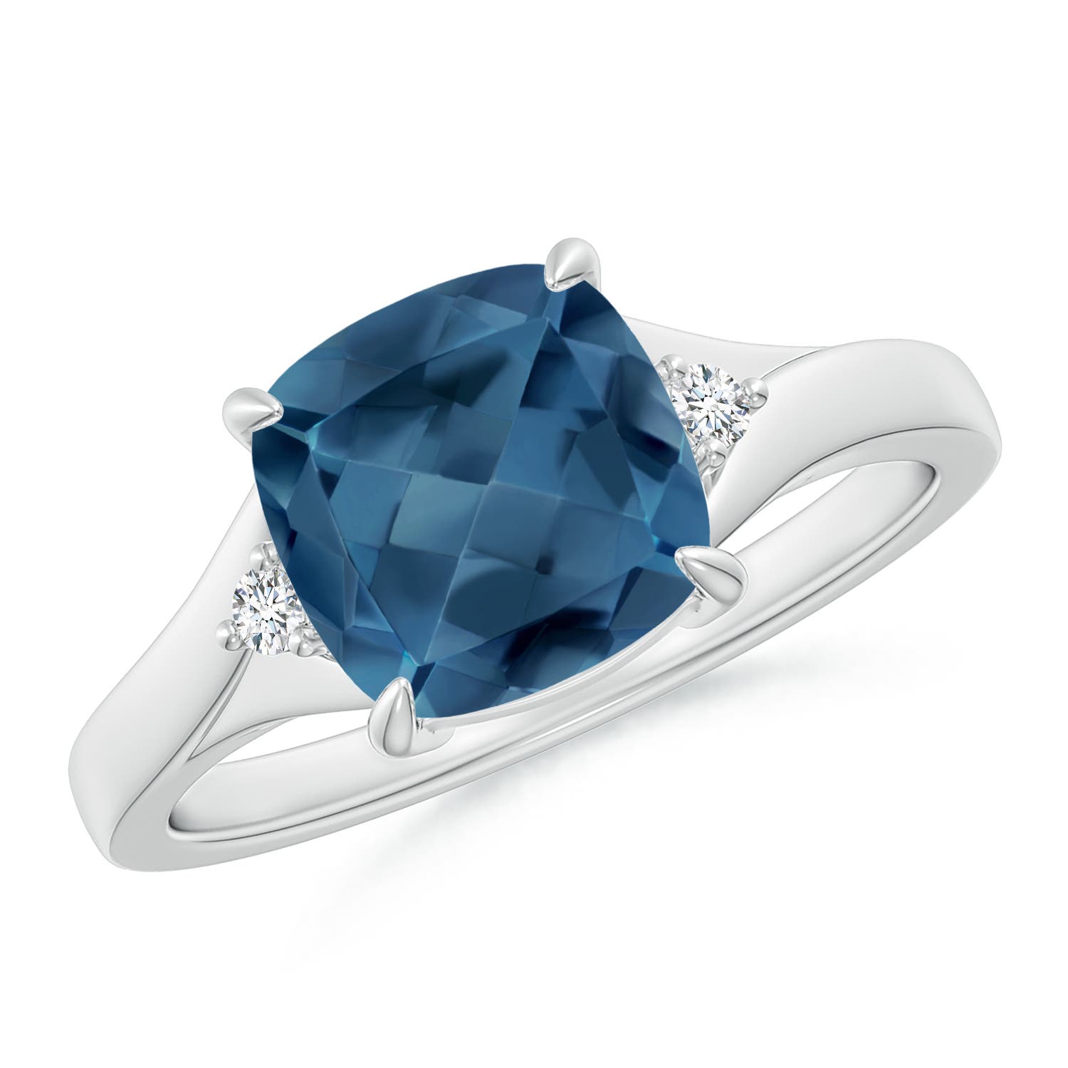 Angara 2.5 Carats Split Shank Cushion London Blue Topaz Solitaire Ring in Platinum