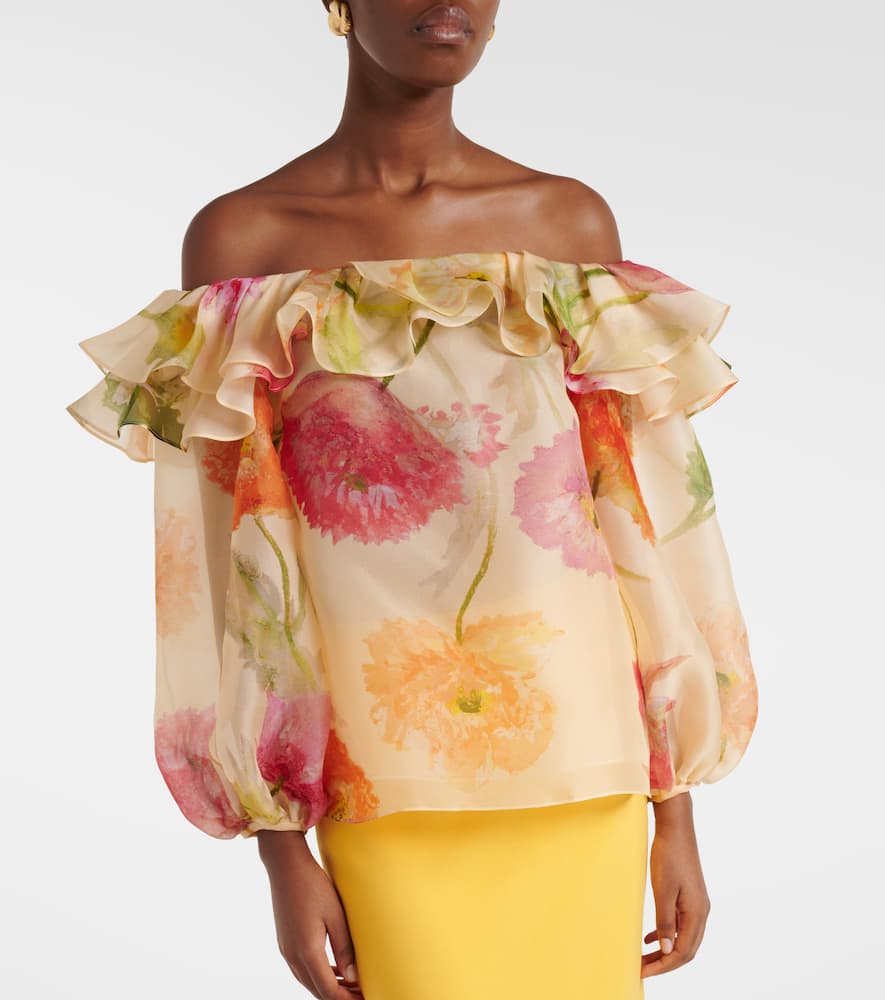 Floral off-shoulder silk organza top