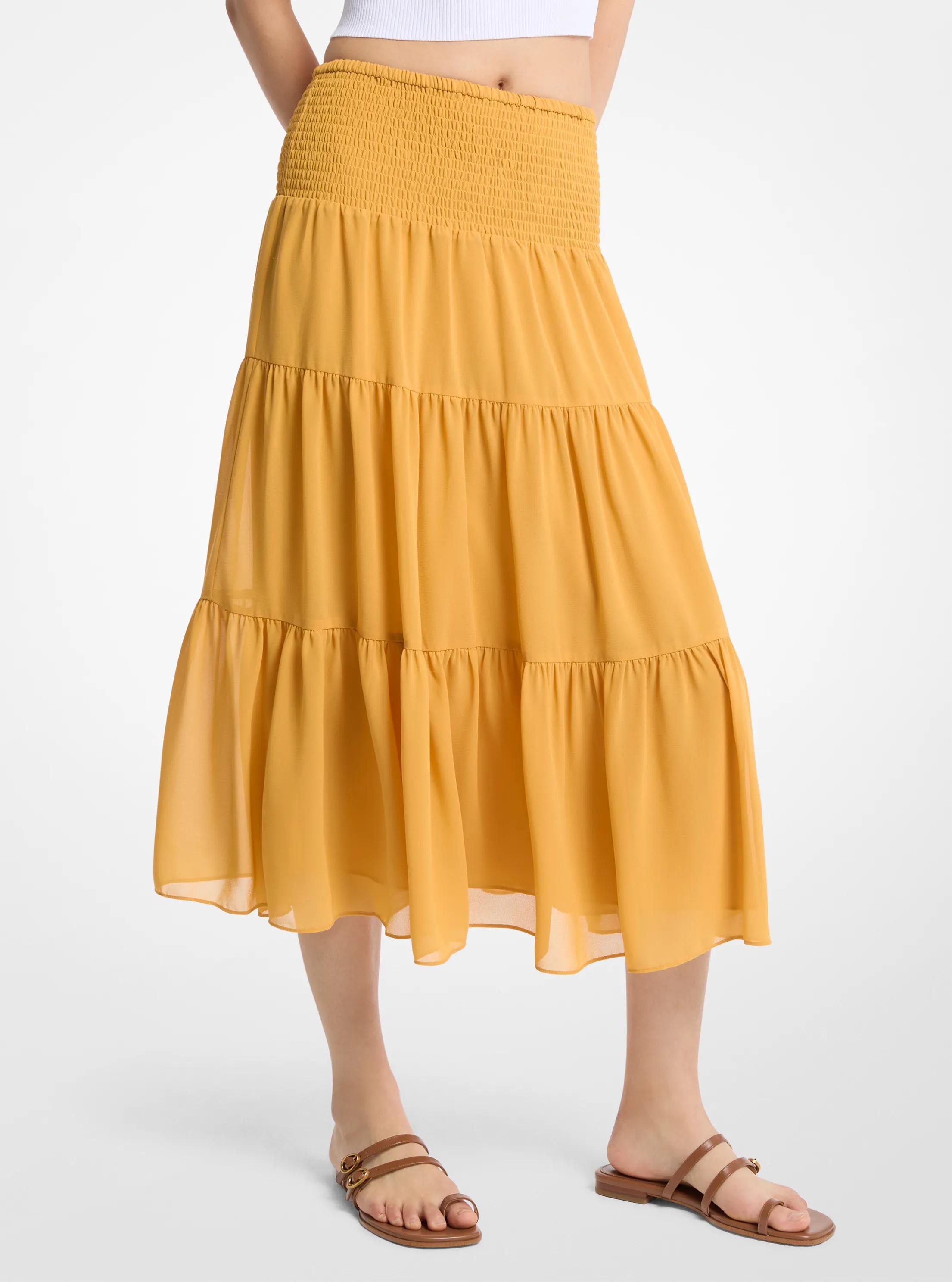 Smocked Georgette Tiered Skirt in Yellow - size S