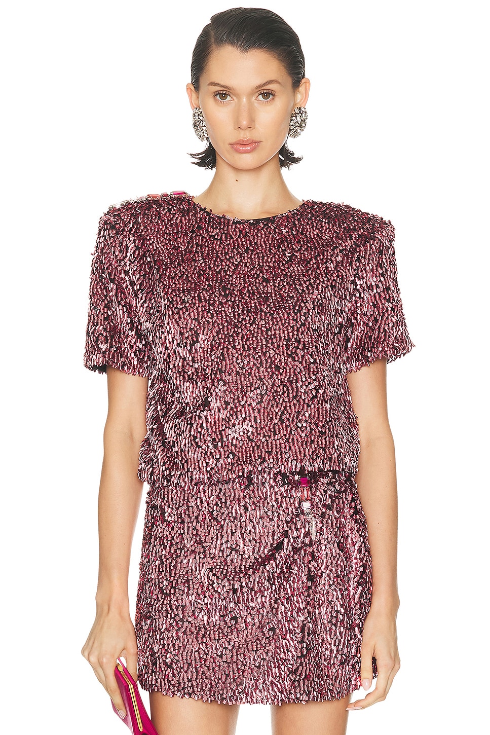 AREA Sequin T-Shirt in Metallic Rose - Pink. 8 also , 2