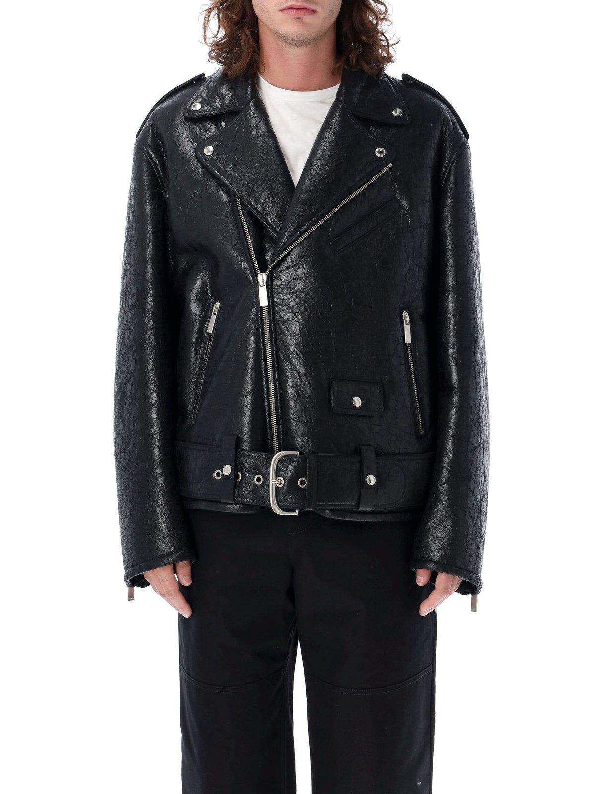 Crinkled leather biker jacket - Black