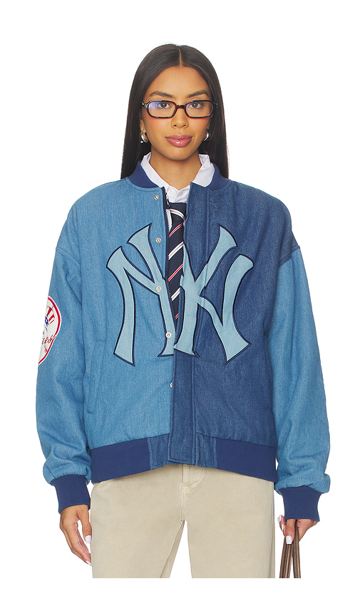 Terez x REVOLVE Dodgers Denim Logo Bomber in Denim Dark & Medium. S also in