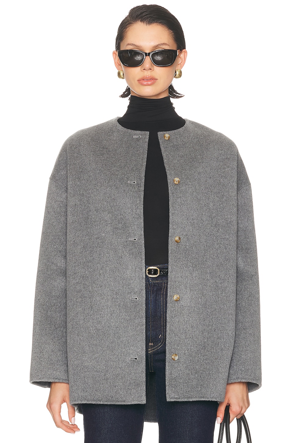 Loulou de Saison Dunne Single Breasted Coat in Grey Melange - Grey.  42 also in 34, 36