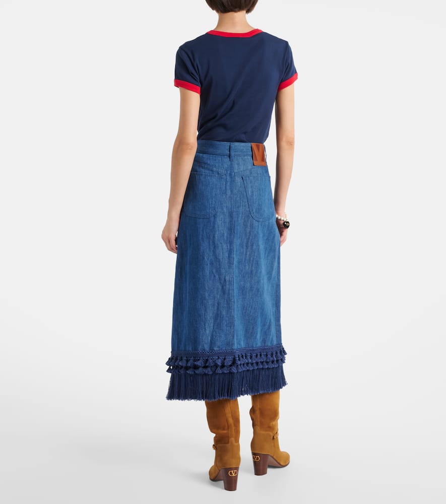 Fringed denim midi skirt